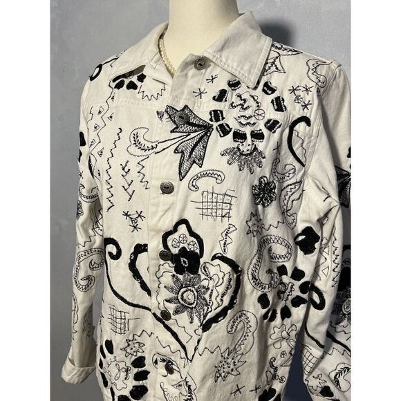 Laura Ashley White Embroidered Beaded Collared Button Up Jacket Women's Size S - Picture 3 of 8